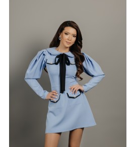 Платье ARIELA голубое с черными вставками и бантиком