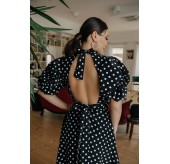 Платье LAIZA черное в горошек вискоза с открытой спиной и воздушными рукавами